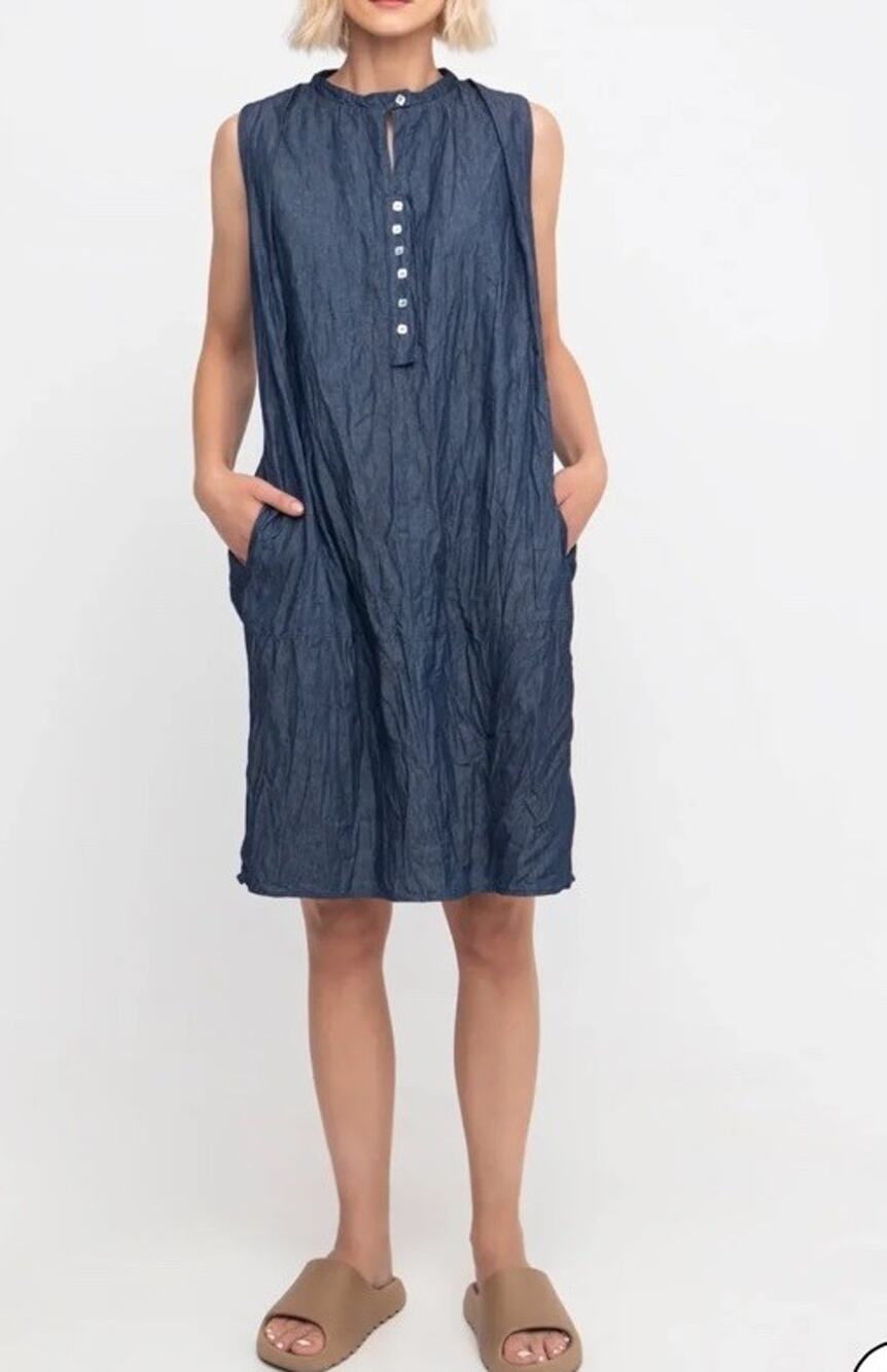 Ozai N Ku Blue Pullover Button Tab Lagenlook Quiet Luxury Knee Length Dress Sz S